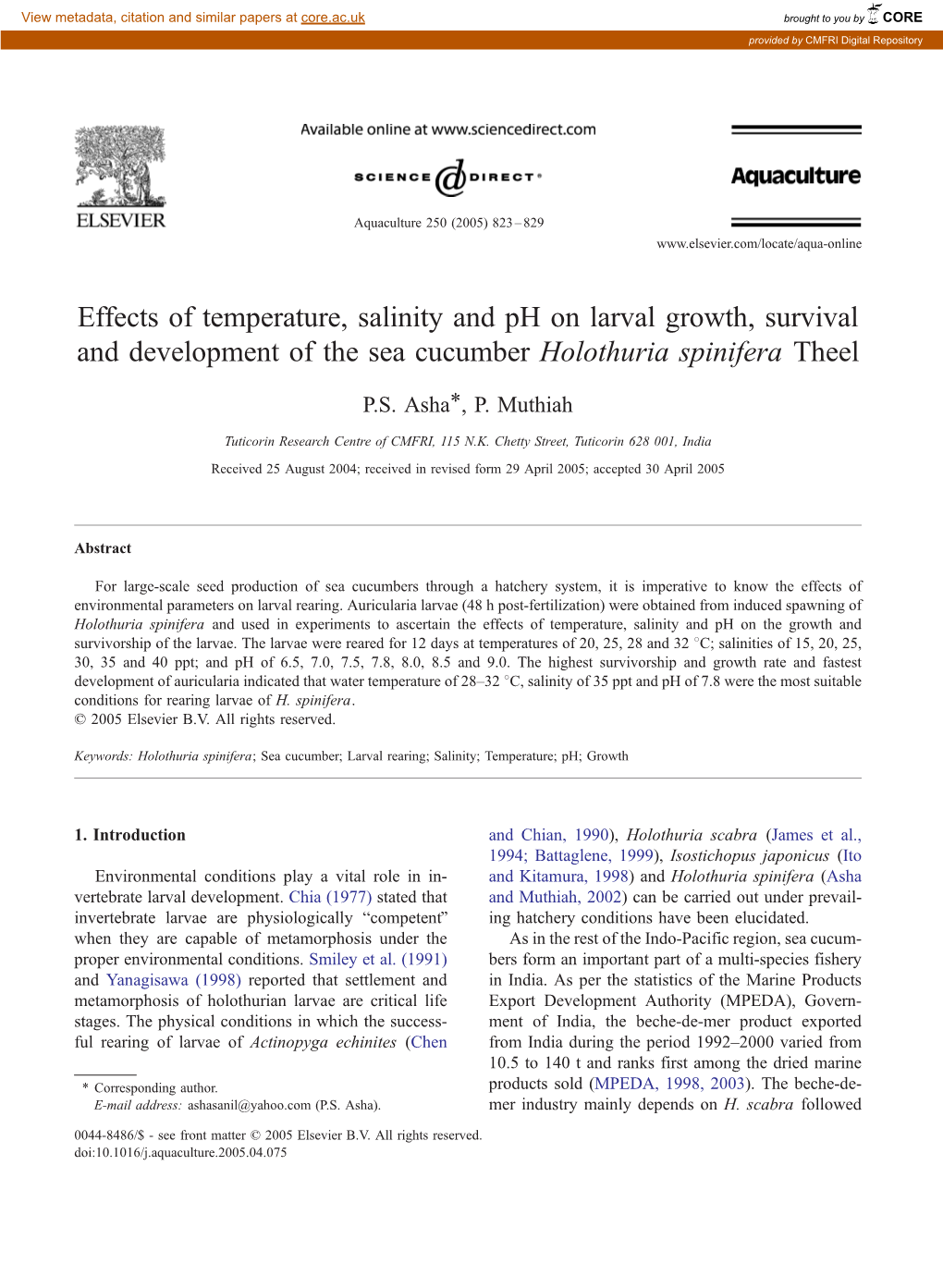 Effects of Temperature, Salinity and Ph on Larval Growth, Survival and Development of the Sea Cucumber Holothuria Spinifera Theel