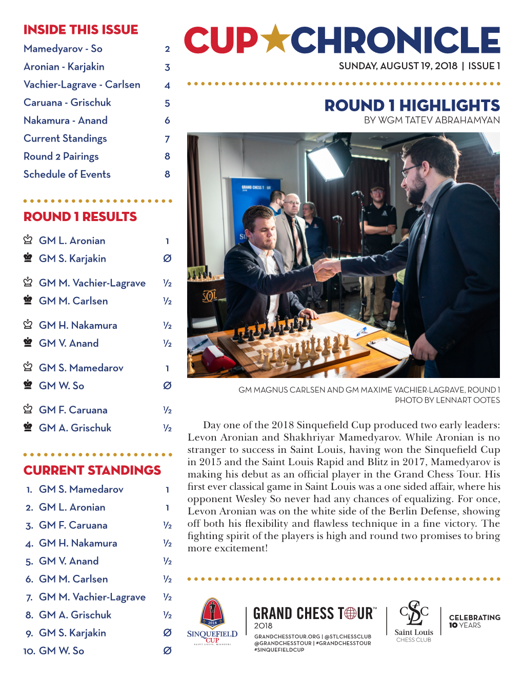 ROUND 1 HIGHLIGHTS Nakamura - Anand 6 by WGM TATEV ABRAHAMYAN Current Standings 7 Round 2 Pairings 8 Schedule of Events 8
