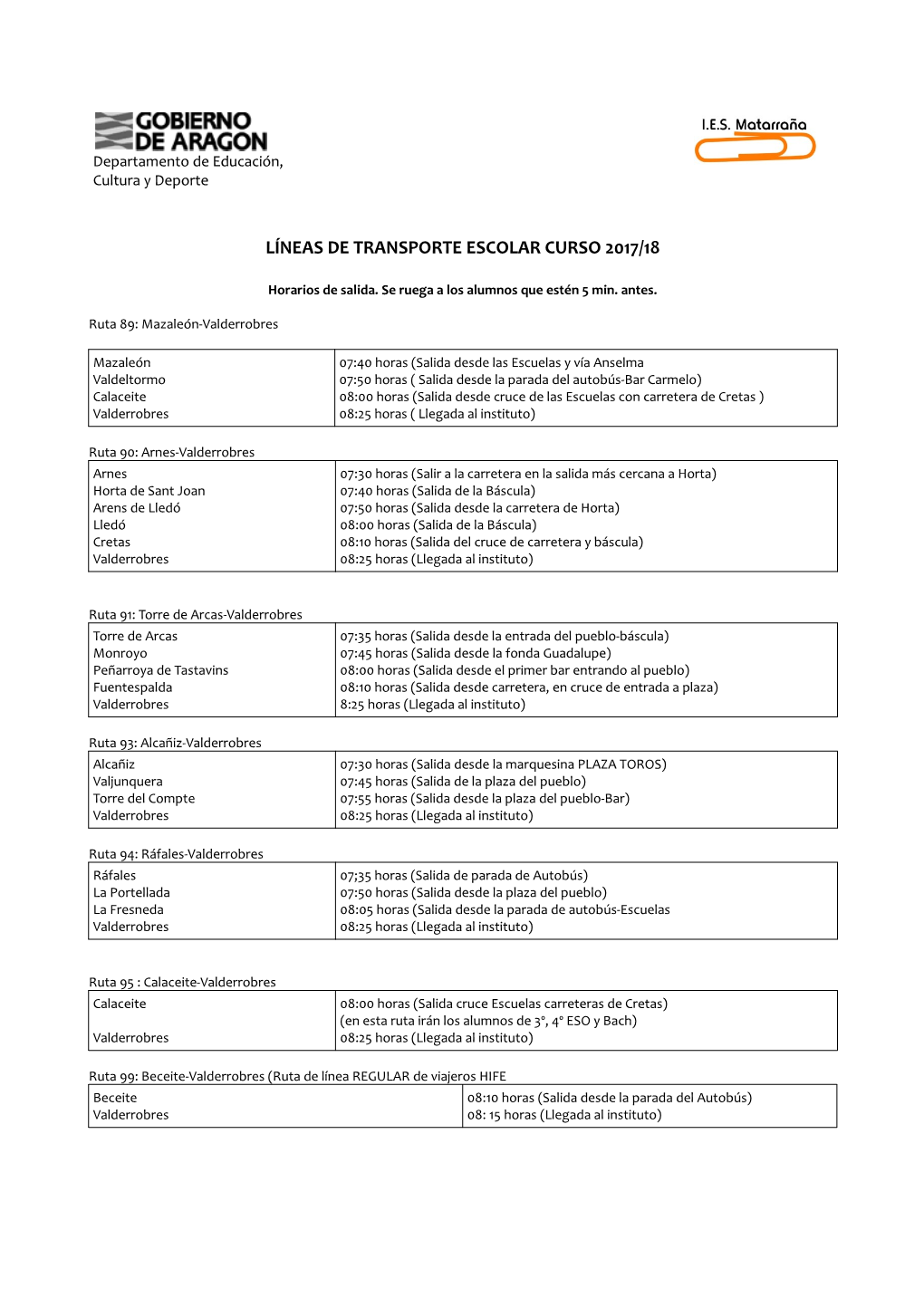 Líneas De Transporte Escolar Curso 2017/18