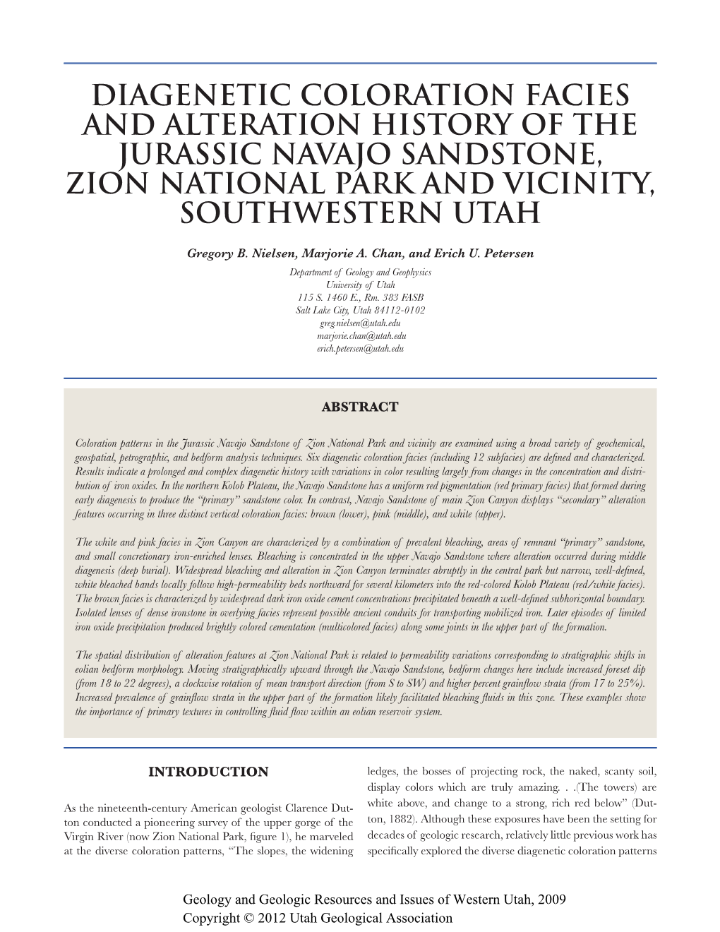 Diagenetic Coloration Facies and Alteration History of the Jurassic Navajo Sandstone, Zion National Park and Vicinity, Southwestern Utah