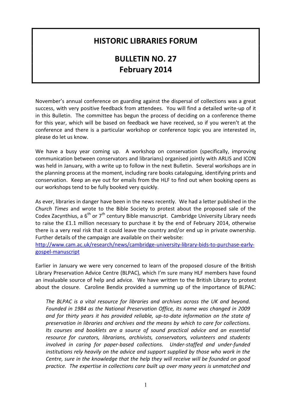 HISTORIC LIBRARIES FORUM BULLETIN NO. 27 February 2014