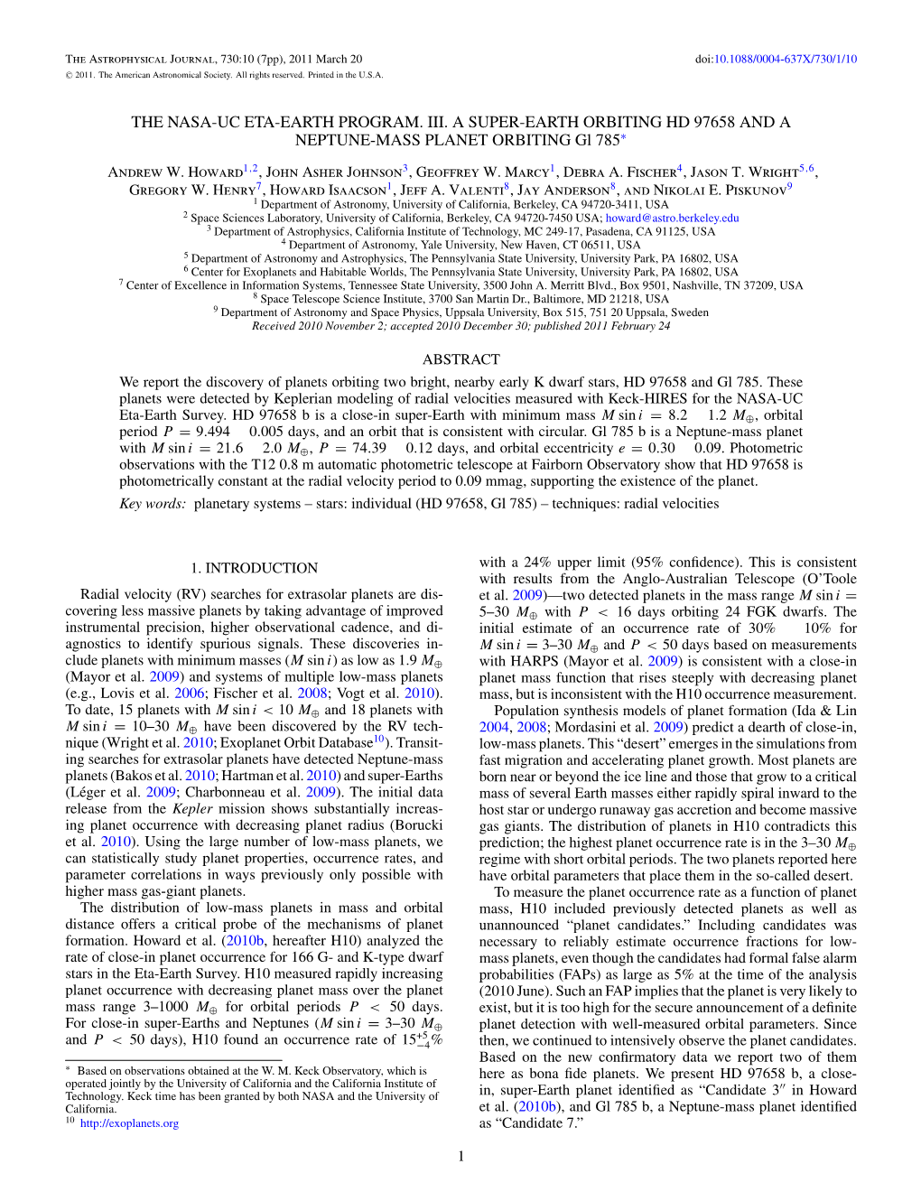 THE NASA-UC ETA-EARTH PROGRAM. III. a SUPER-EARTH ORBITING HD 97658 and a NEPTUNE-MASS PLANET ORBITING Gl 785∗