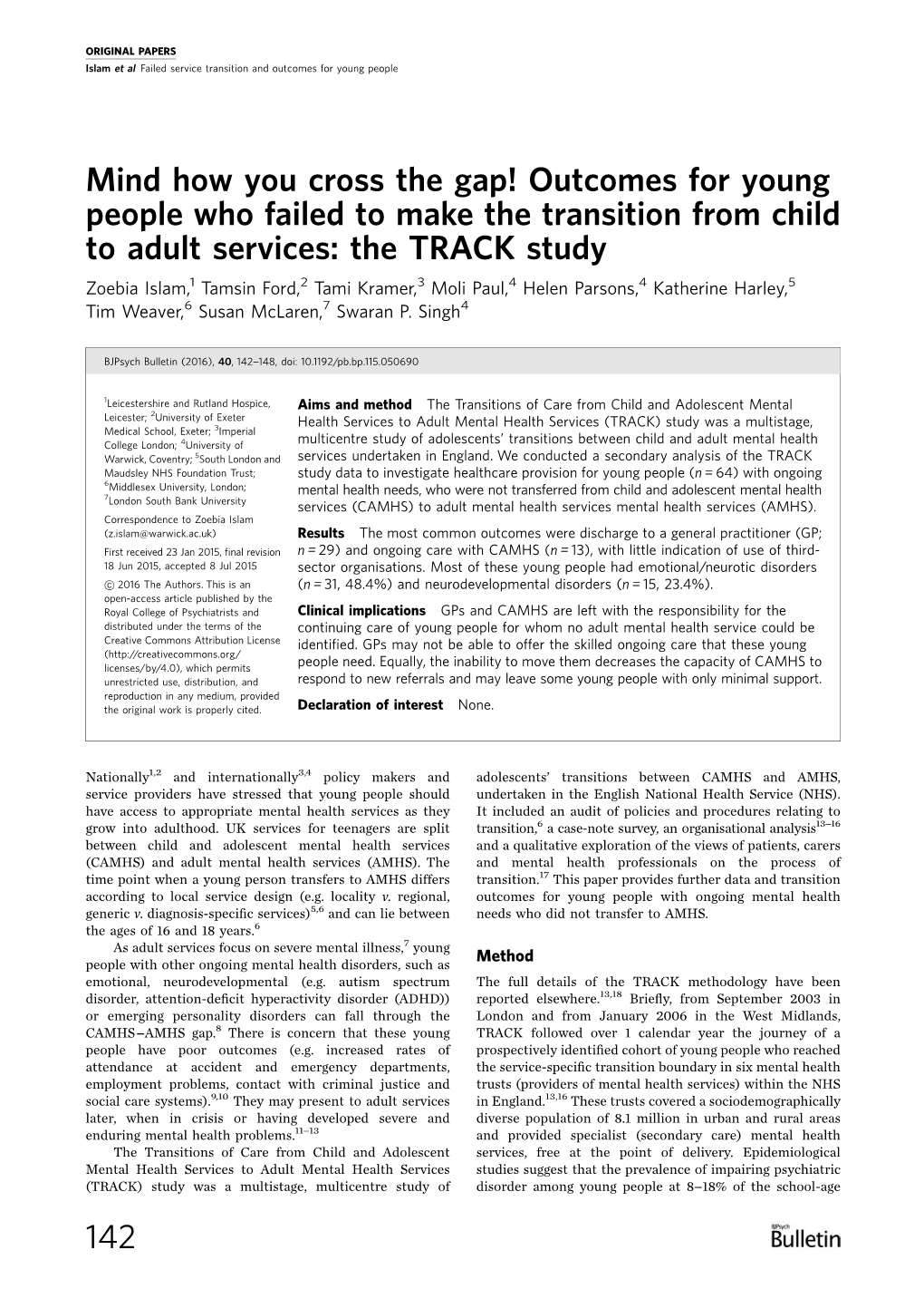 Mind How You Cross the Gap! Outcomes for Young People Who Failed to Make the Transition from Child to Adult Services: the TRACK