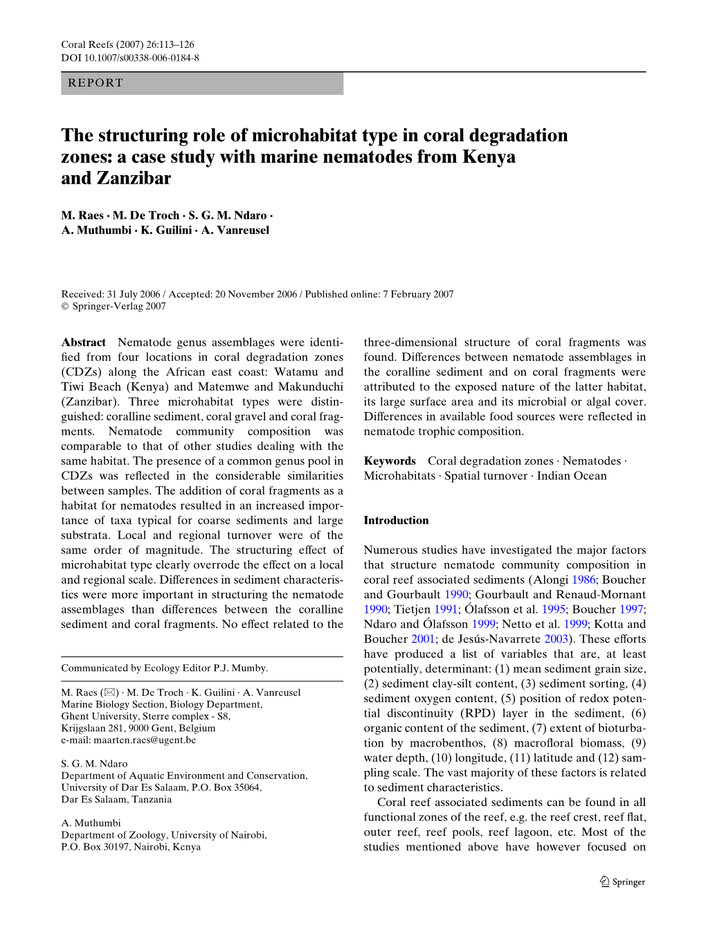 The Structuring Role of Microhabitat Type in Coral Degradation Zones: a Case Study with Marine Nematodes from Kenya and Zanzibar