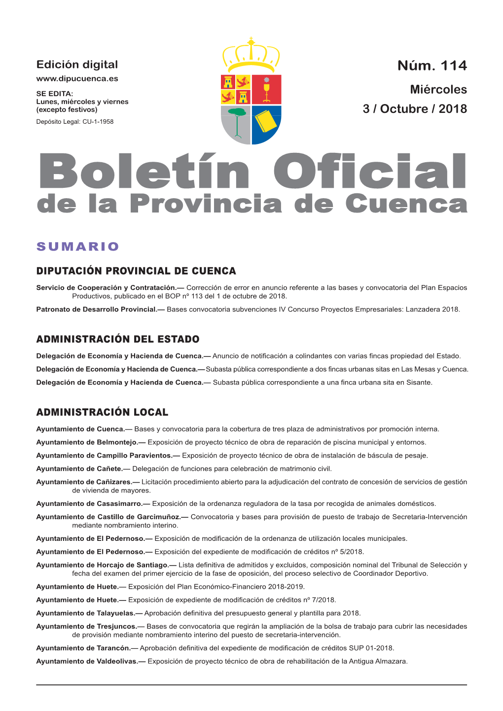 Boletín Oficial De La Provincia De Cuenca Sumario Diputación Provincial De Cuenca