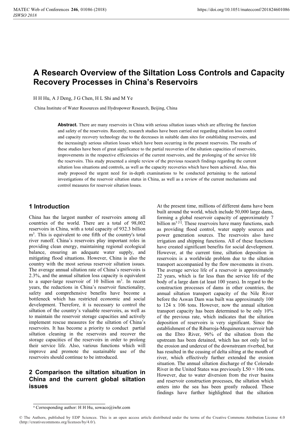 A Research Overview of the Siltation Loss Controls and Capacity Recovery Processes in China’S Reservoirs