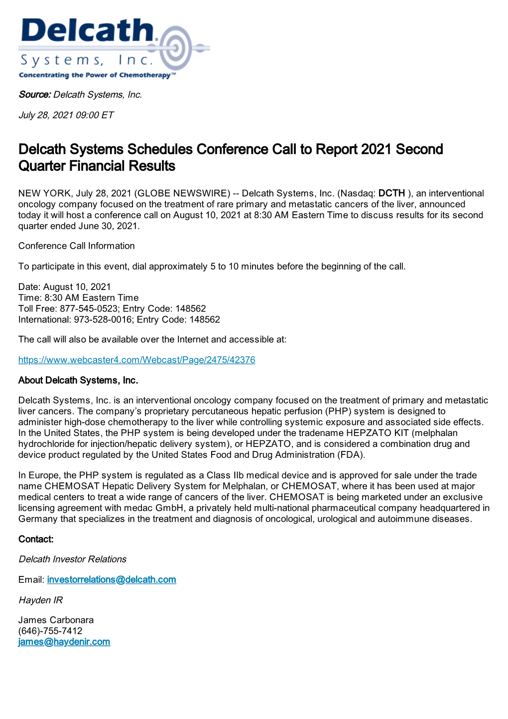 Delcath Systems Schedules Conference Call to Report 2021 Second Quarter Financial Results