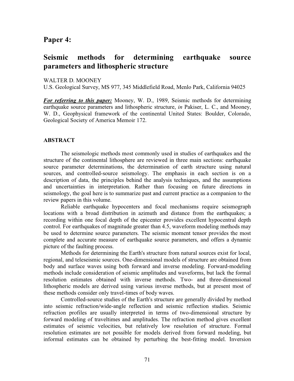 Paper 4: Seismic Methods for Determining Earthquake Source