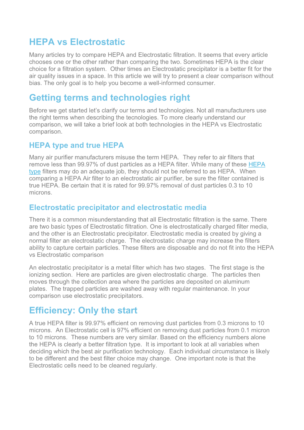 HEPA Vs Electrostatic Getting Terms and Technologies Right Efficiency