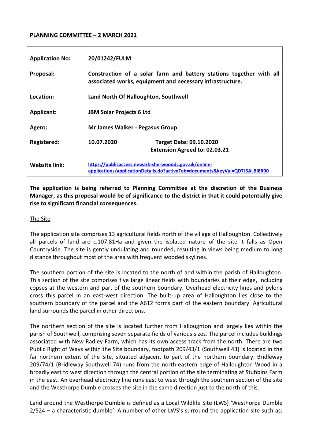 20/01242/FULM Proposal: Construction of a Solar Farm And