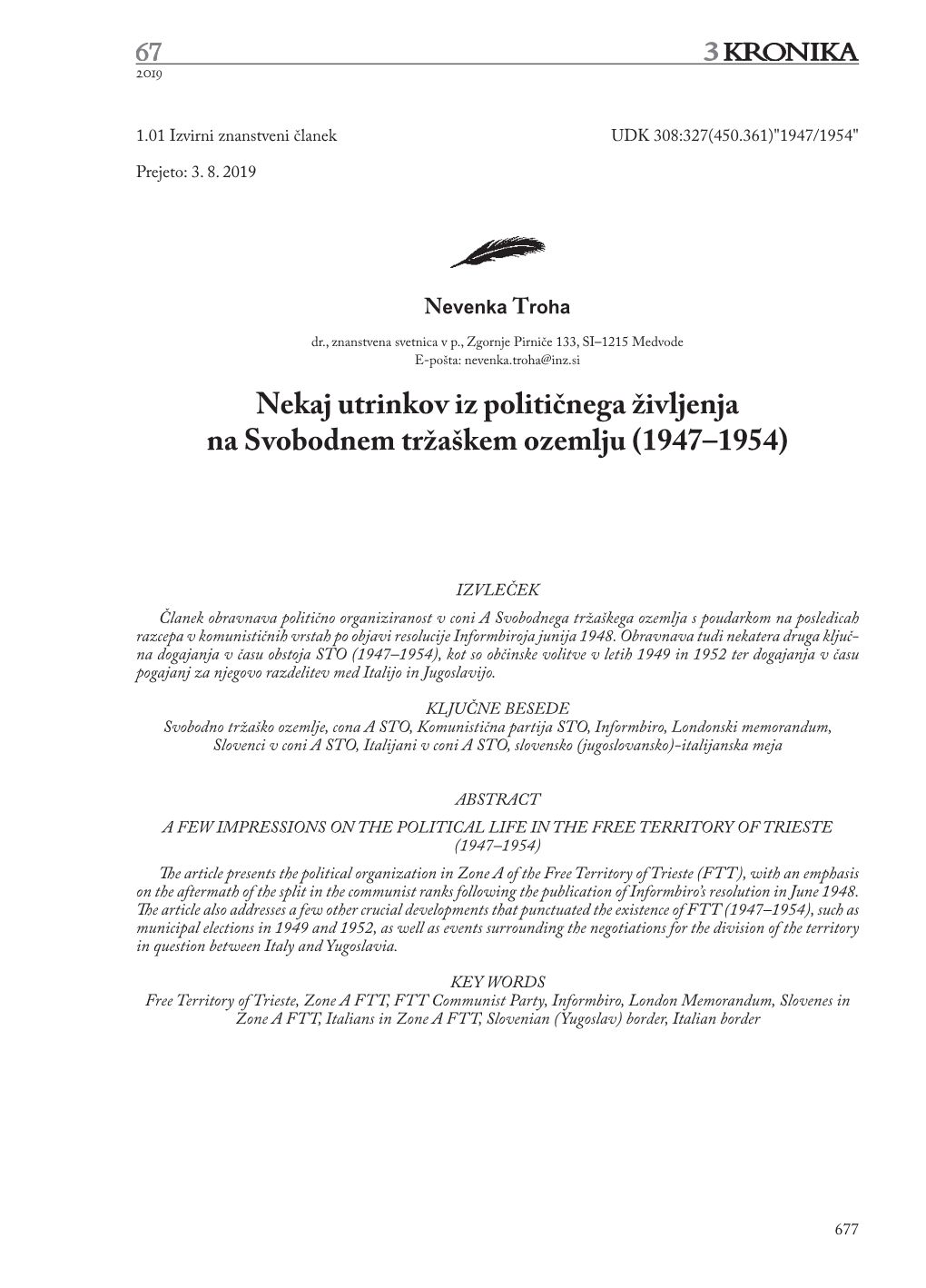 Nekaj Utrinkov Iz Političnega Življenja Na Svobodnem Tržaškem Ozemlju (1947–1954), 677–692 2019