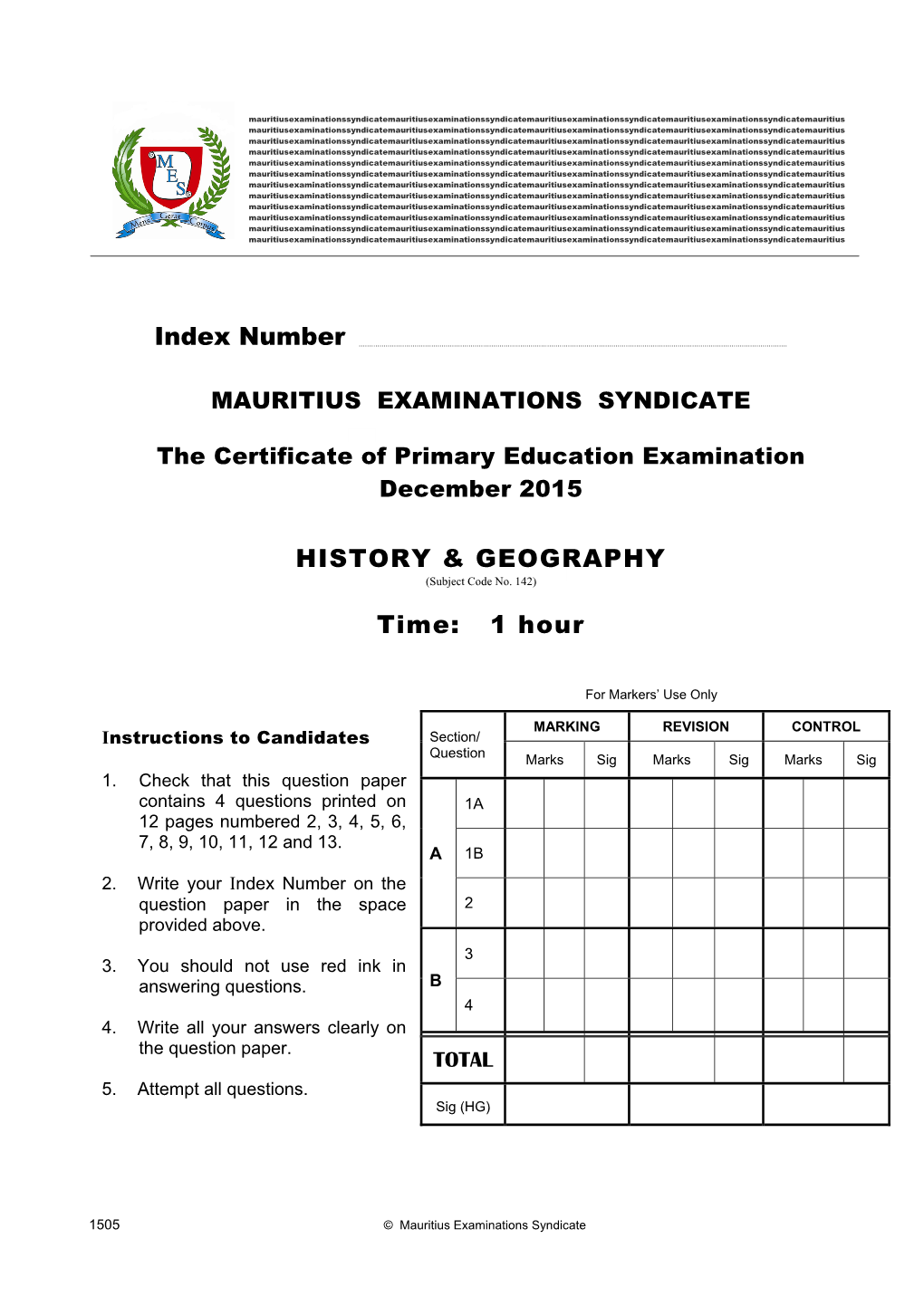 HISTORY & GEOGRAPHY Time: 1 Hour