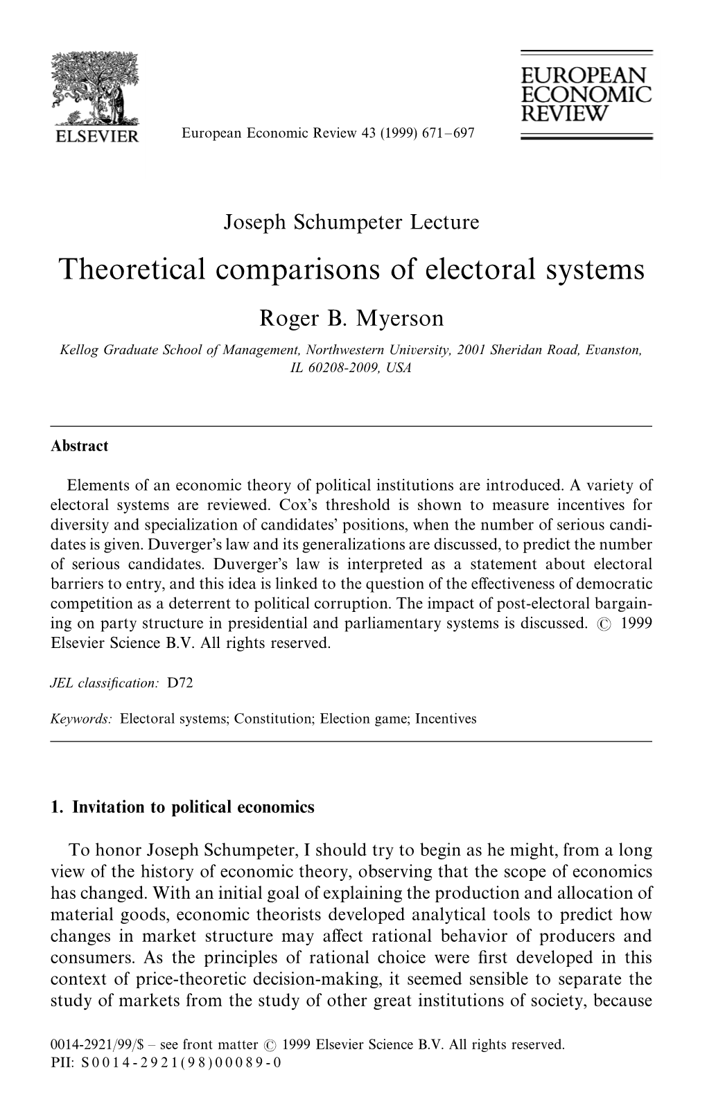 Theoretical Comparisons of Electoral Systems Roger B