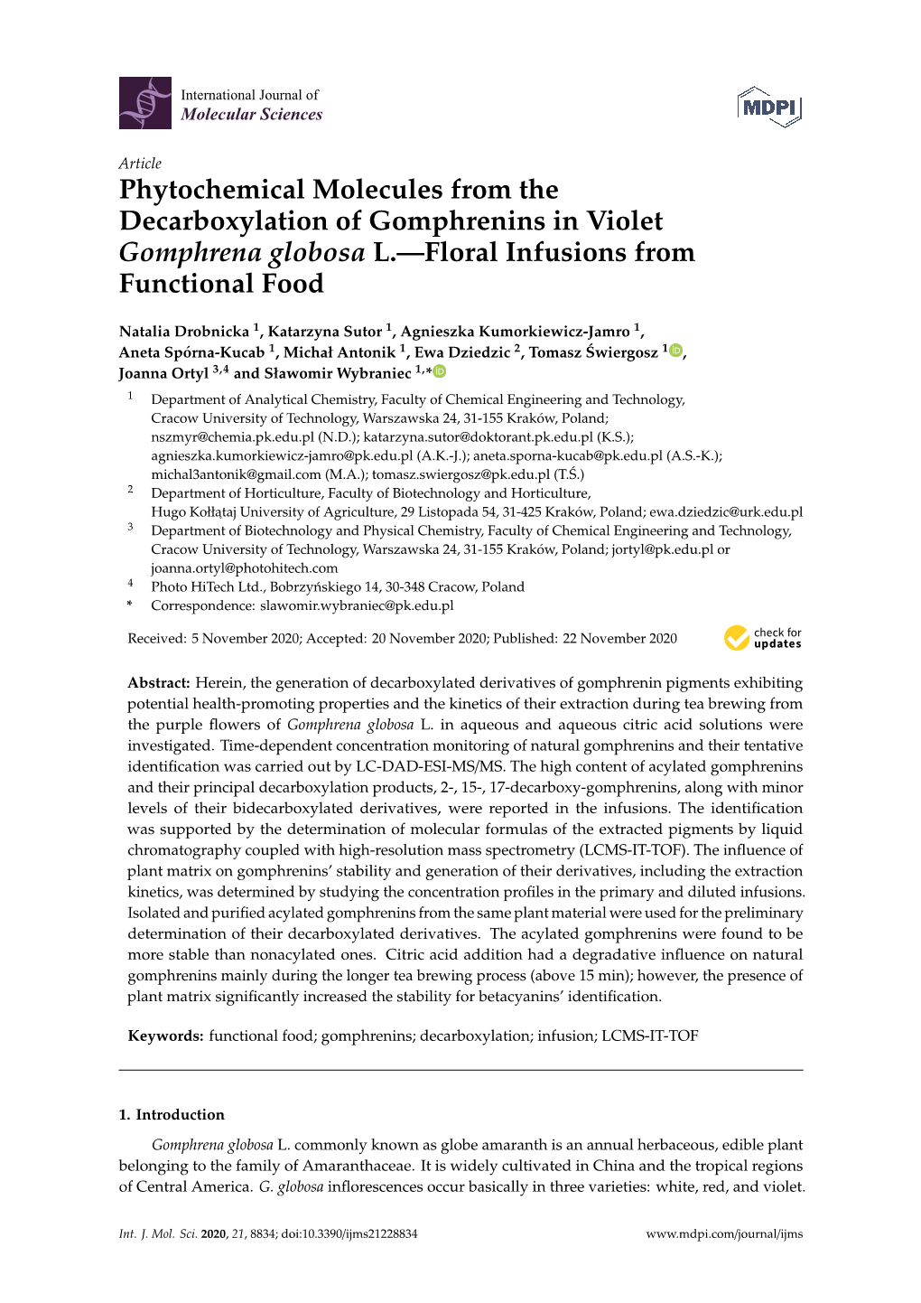 Phytochemical Molecules from the Decarboxylation of Gomphrenins in Violet Gomphrena Globosa L.—Floral Infusions from Functional Food