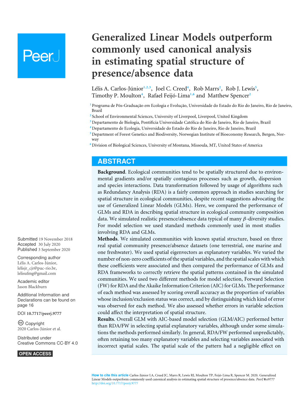 Generalized Linear Models Outperform Commonly Used Canonical Analysis in Estimating Spatial Structure of Presence/Absence Data