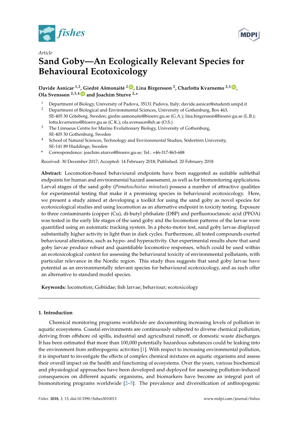 Sand Goby—An Ecologically Relevant Species for Behavioural Ecotoxicology