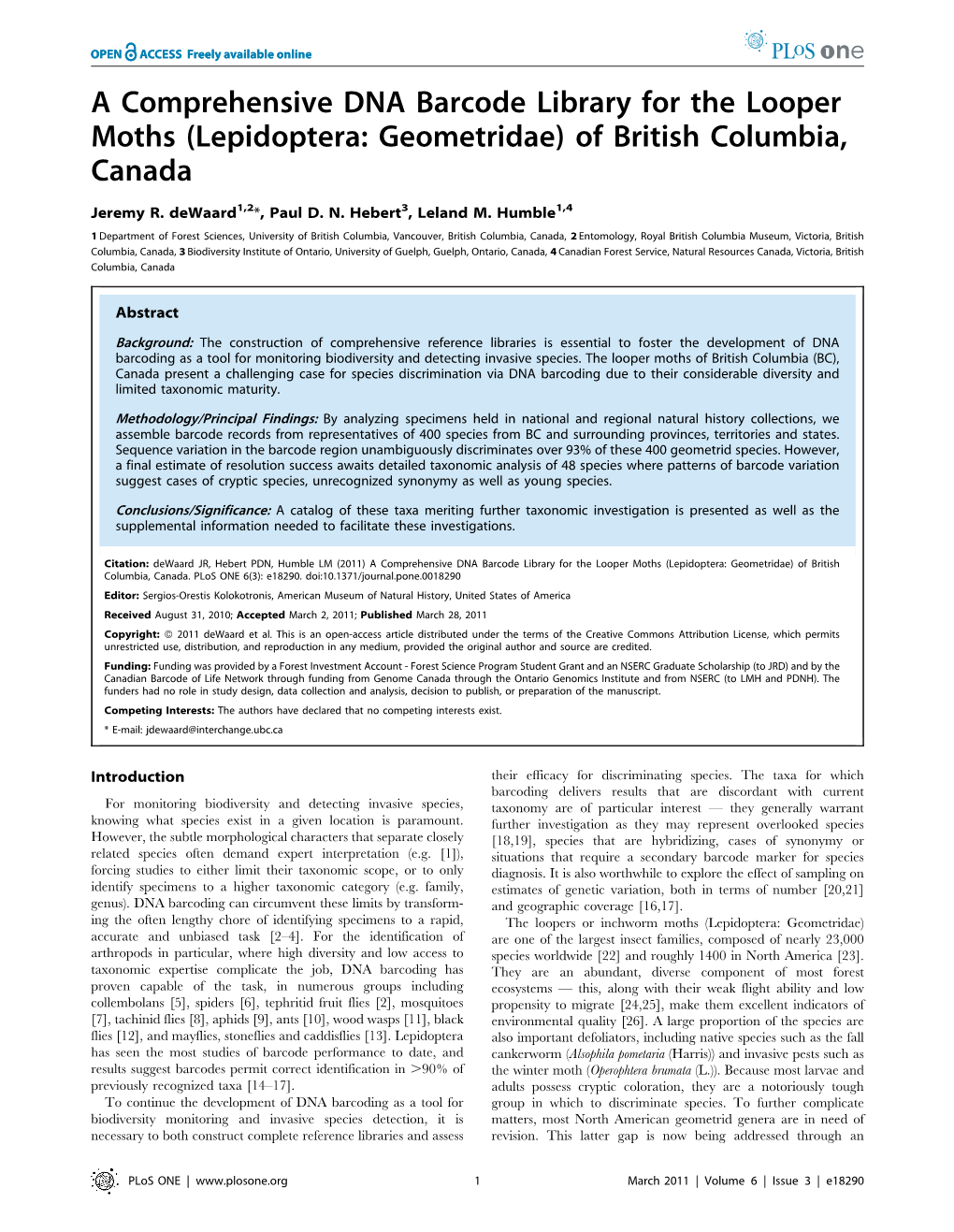 A Comprehensive DNA Barcode Library for the Looper Moths (Lepidoptera: Geometridae) of British Columbia, Canada