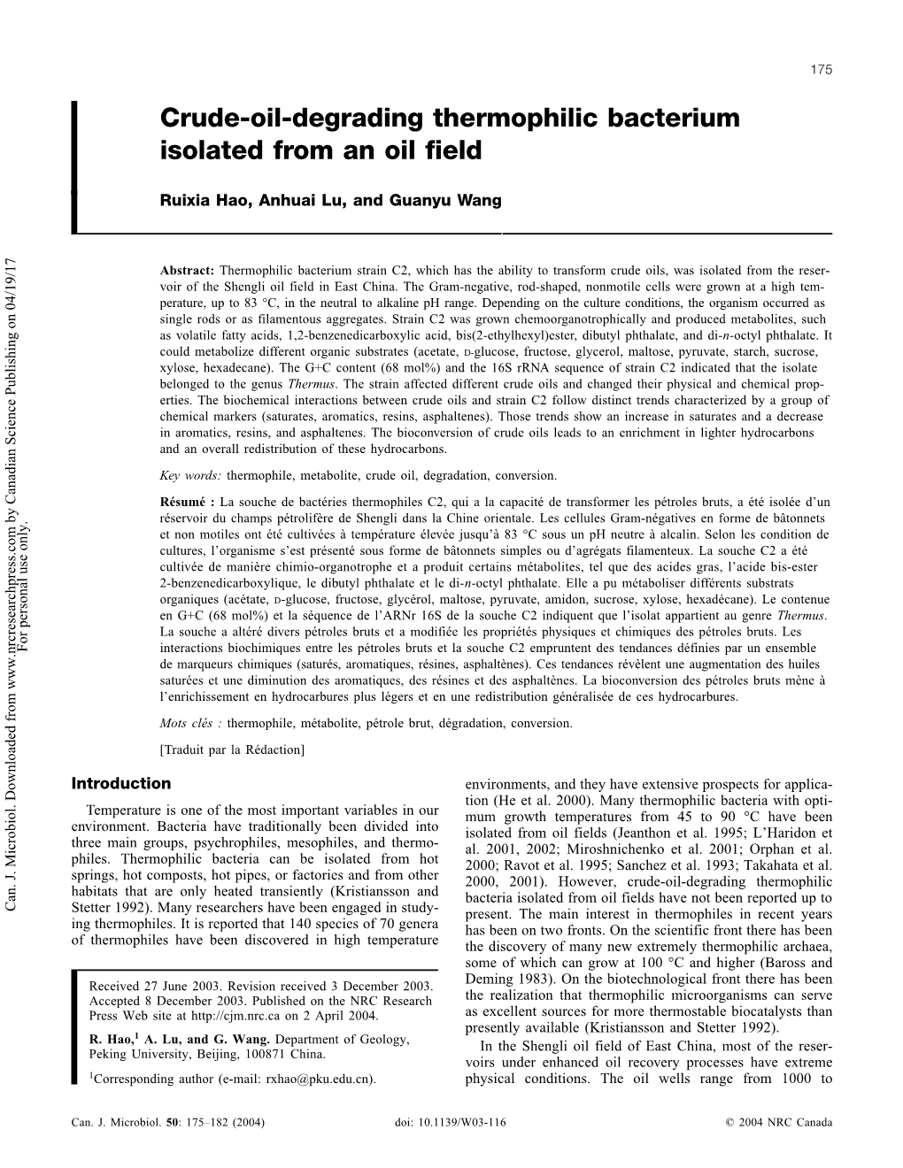 Crude-Oil-Degrading Thermophilic Bacterium Isolated from an Oil Field