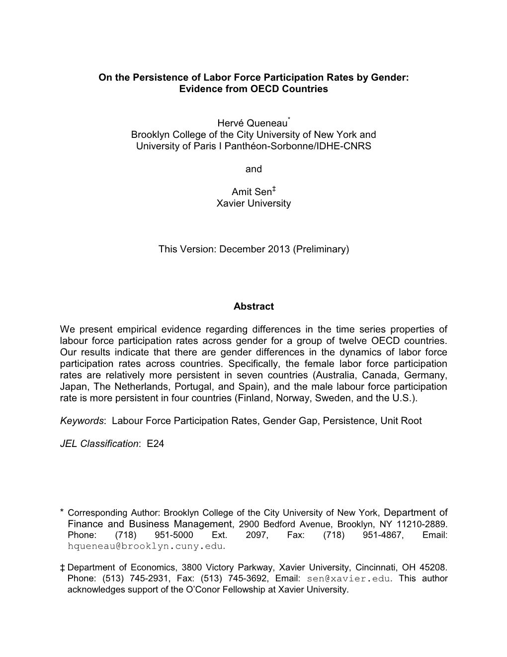 On the Persistence of Labor Force Participation Rates by Gender: Evidence from OECD Countries