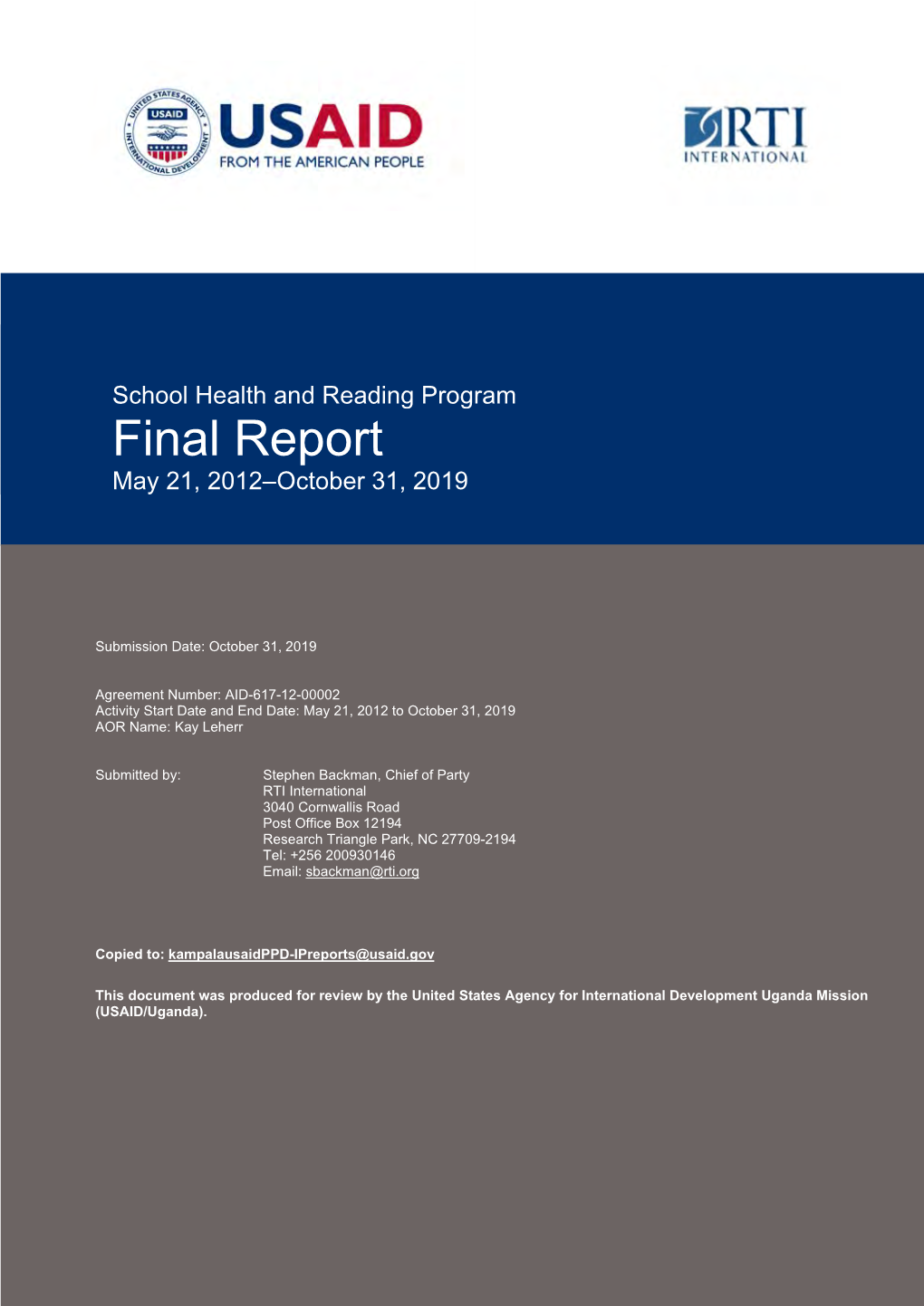 School Health and Reading Program Final Report May 21, 2012–October 31, 2019