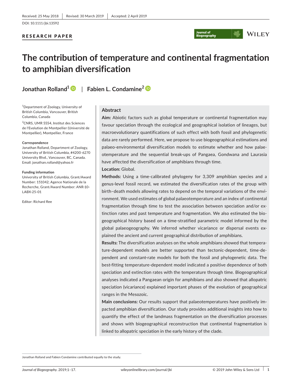 The Contribution of Temperature and Continental Fragmentation to Amphibian Diversification