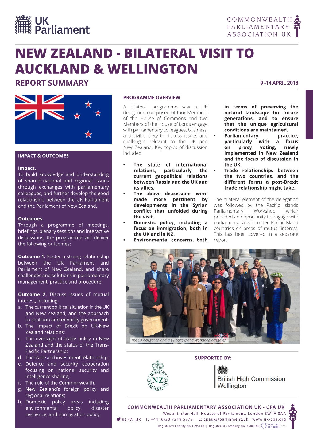 New Zealand - Bilateral Visit to Auckland & Wellington Report Summary 9 -14 April 2018
