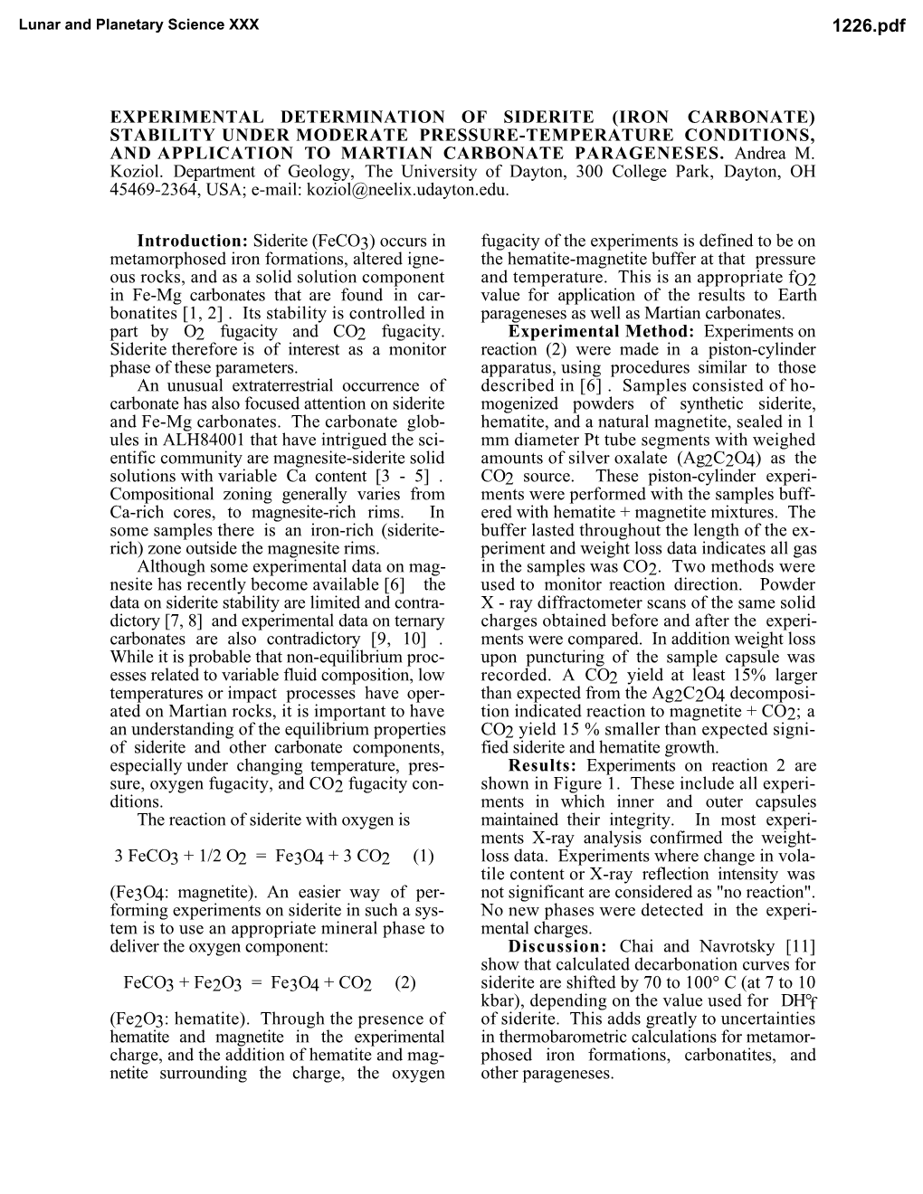 Experimental Determination of Siderite (Iron Carbonate) Stability Under Moderate Pressure-Temperature Conditions, and Application to Martian Carbonate Parageneses