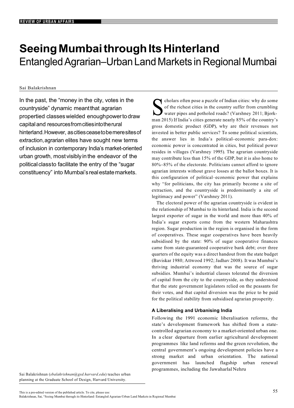 Seeing Mumbai Through Its Hinterland Entangled Agrarian–Urban Land Markets in Regional Mumbai