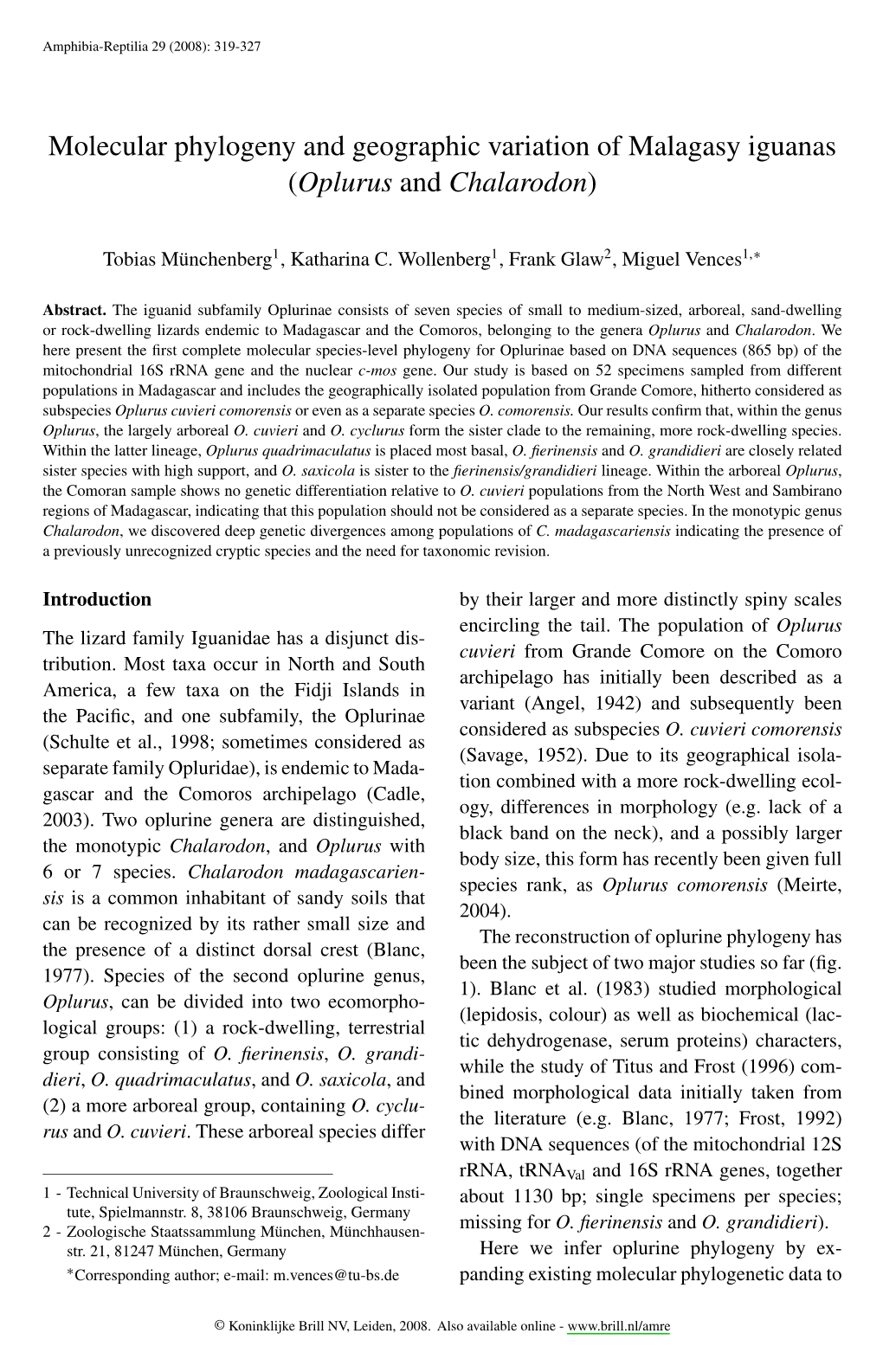 Molecular Phylogeny and Geographic Variation of Malagasy Iguanas (Oplurus and Chalarodon)