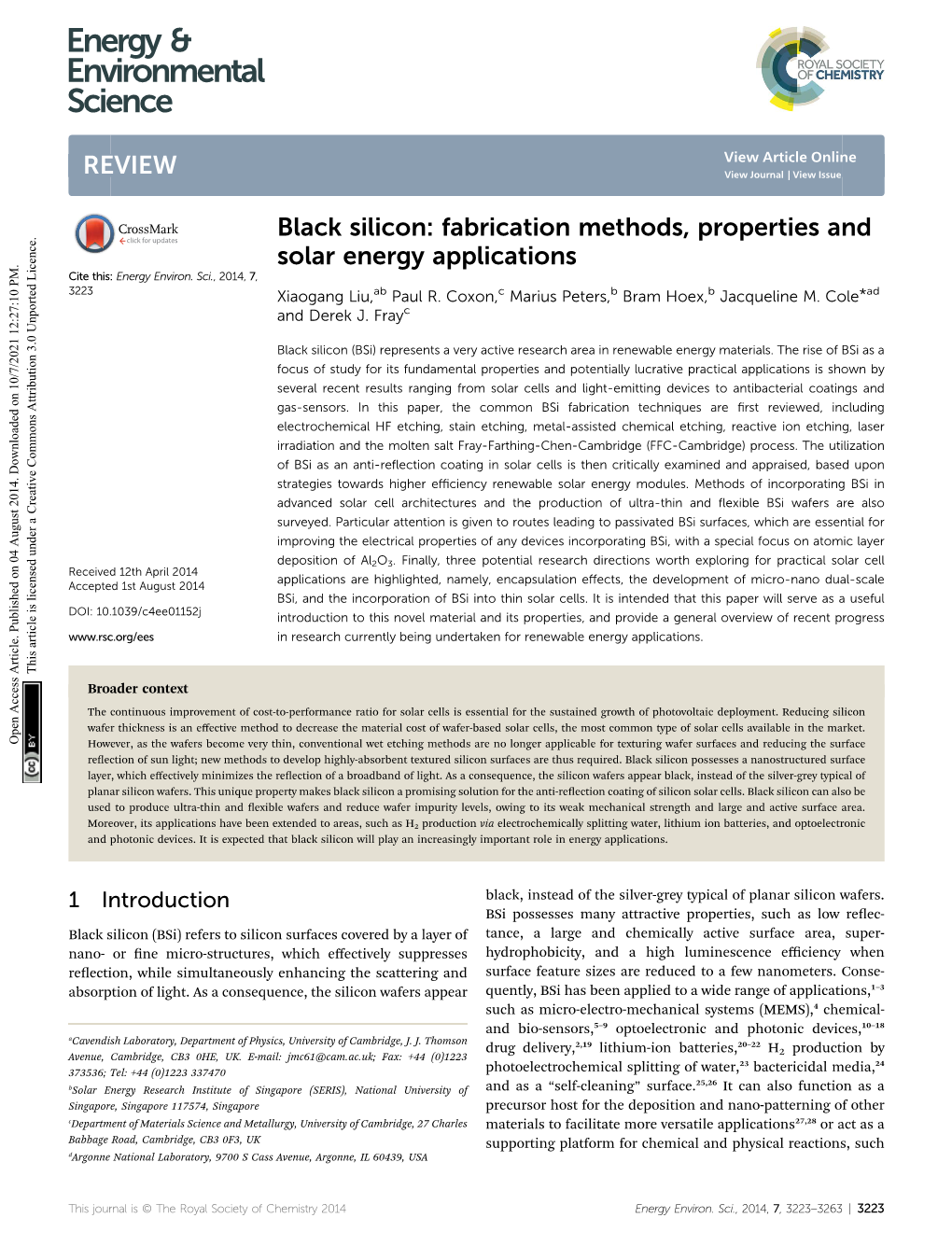 Black Silicon: Fabrication Methods, Properties and Solar Energy Applications Cite This: Energy Environ