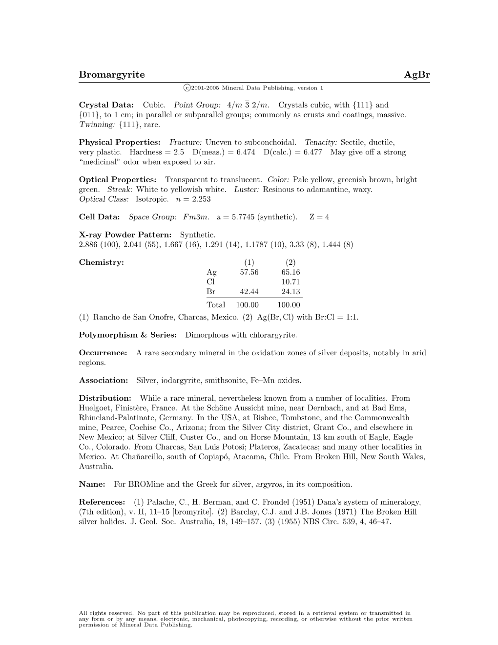 Bromargyrite Agbr C 2001-2005 Mineral Data Publishing, Version 1