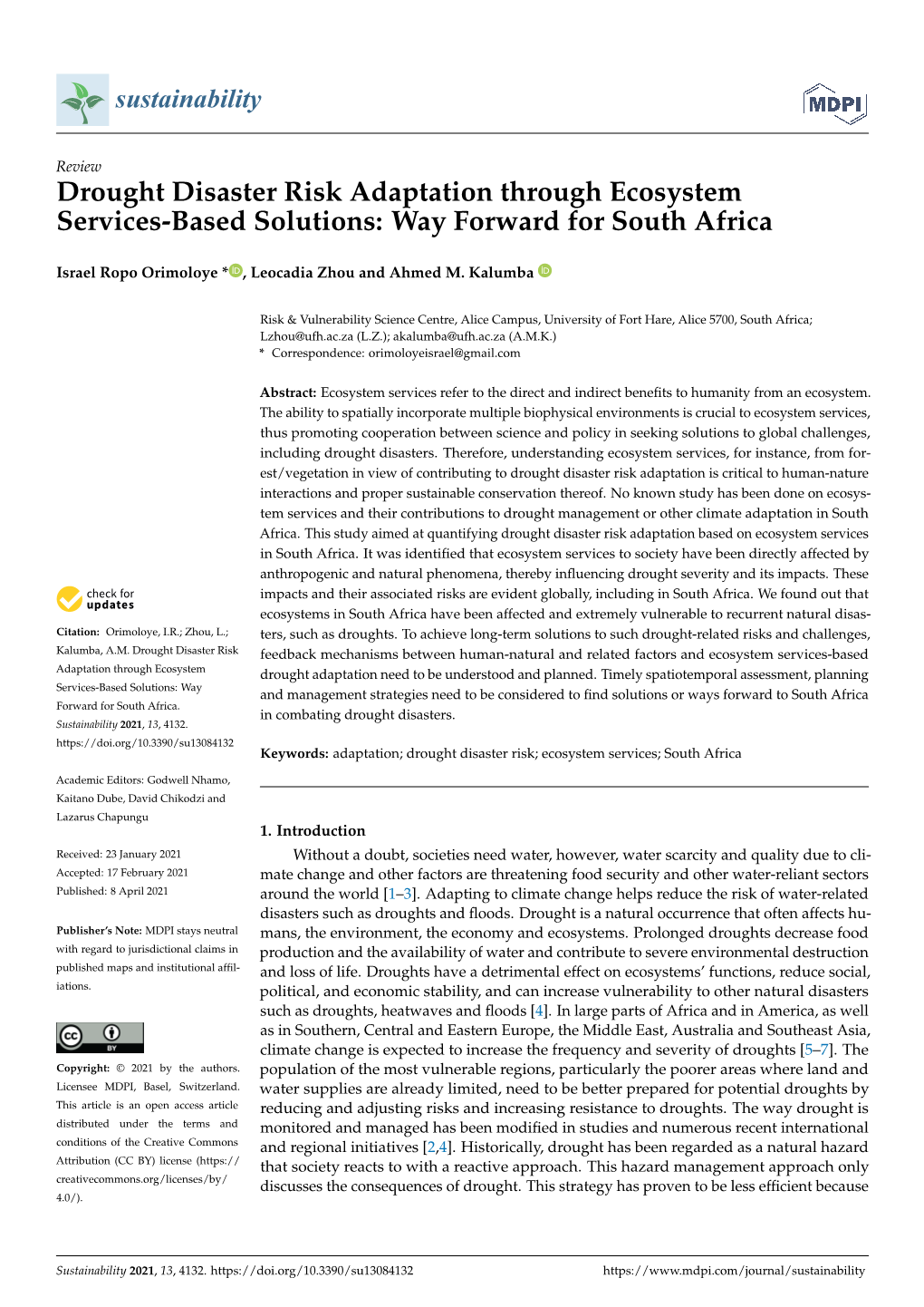 Drought Disaster Risk Adaptation Through Ecosystem Services-Based Solutions: Way Forward for South Africa