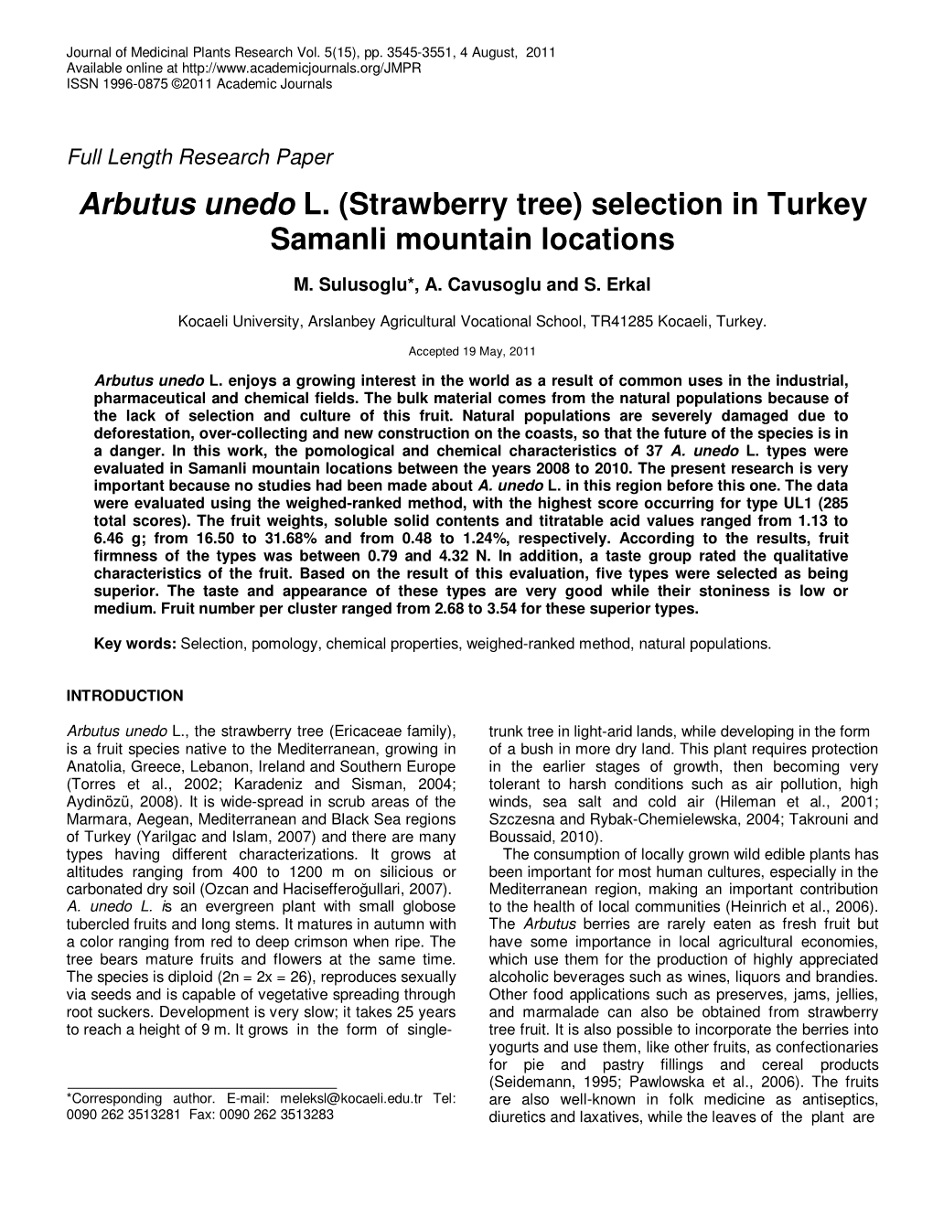 Arbutus Unedo L. (Strawberry Tree) Selection in Turkey Samanli Mountain Locations