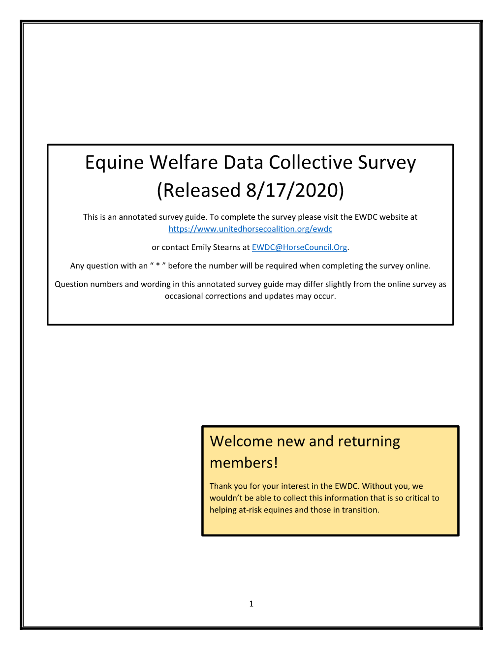 Equine Welfare Data Collective Survey (Released 8/17/2020)
