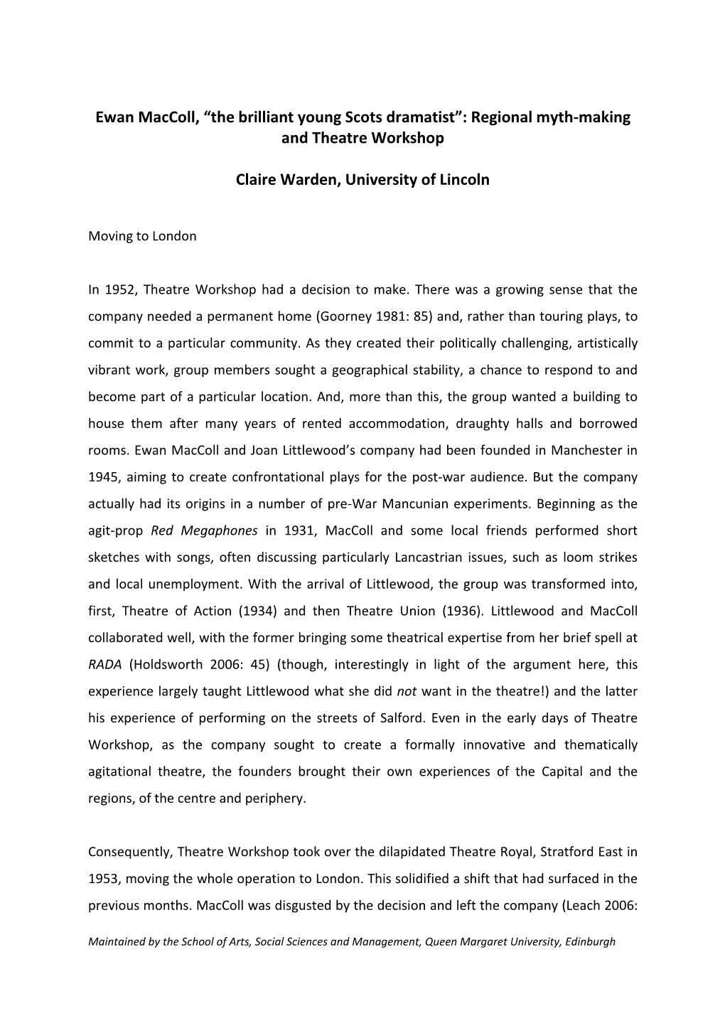 Ewan Maccoll, “The Brilliant Young Scots Dramatist”: Regional Myth-Making and Theatre Workshop