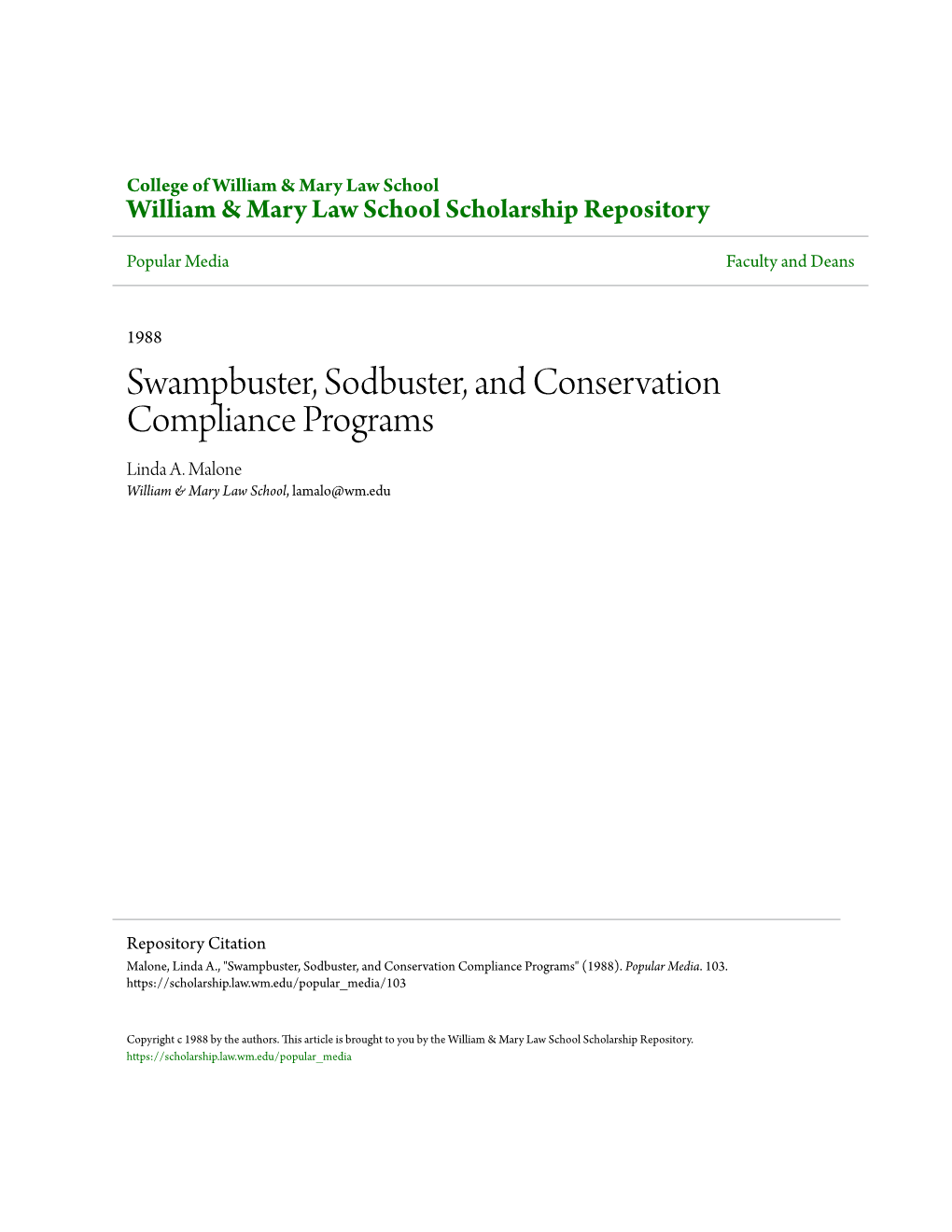 Swampbuster, Sodbuster, and Conservation Compliance Programs Linda A