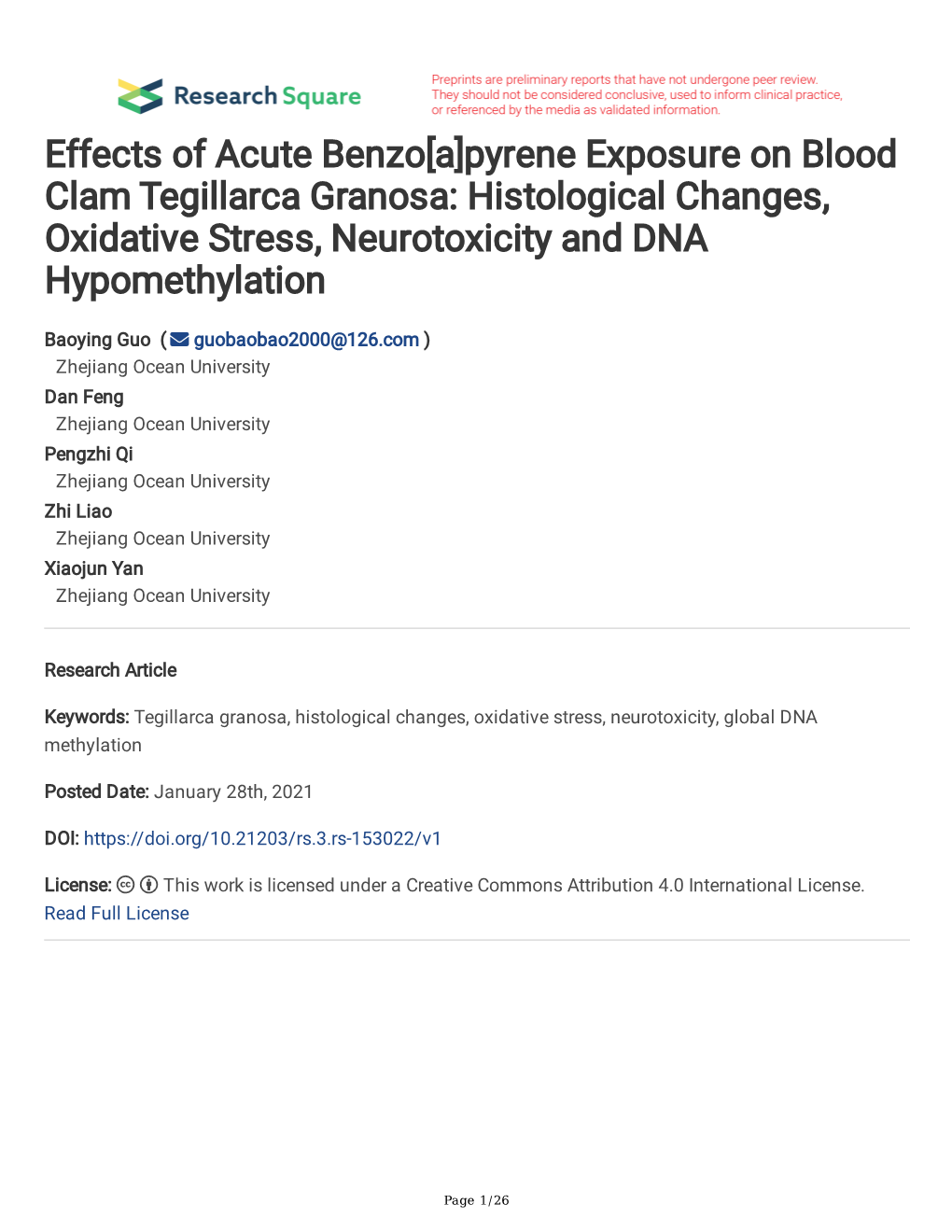 Pyrene Exposure on Blood Clam Tegillarca Granosa: Histological Changes, Oxidative Stress, Neurotoxicity and DNA Hypomethylation