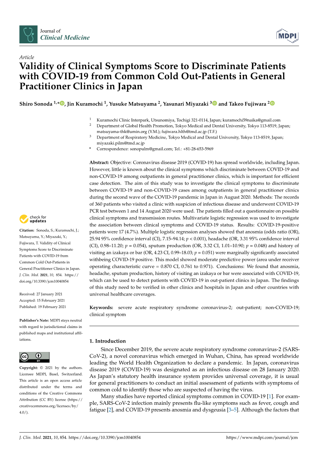 Validity of Clinical Symptoms Score to Discriminate Patients with COVID-19 from Common Cold Out-Patients in General Practitioner Clinics in Japan