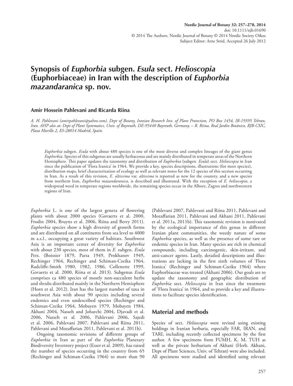 (Euphorbiaceae) in Iran with the Description of Euphorbia Mazandaranica Sp