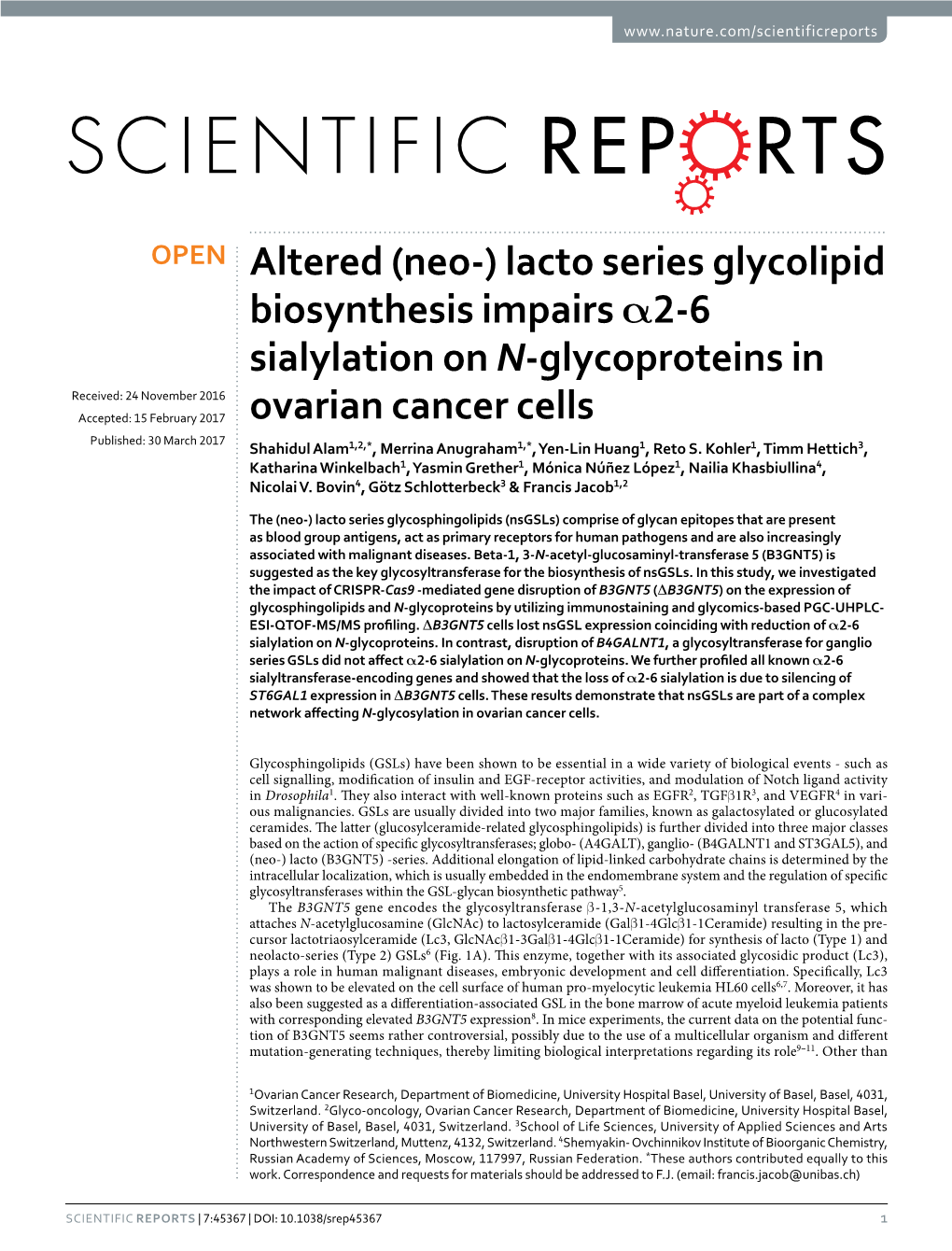 Lacto Series Glycolipid Biosynthesis Impairs Α2-6 Sialylation On