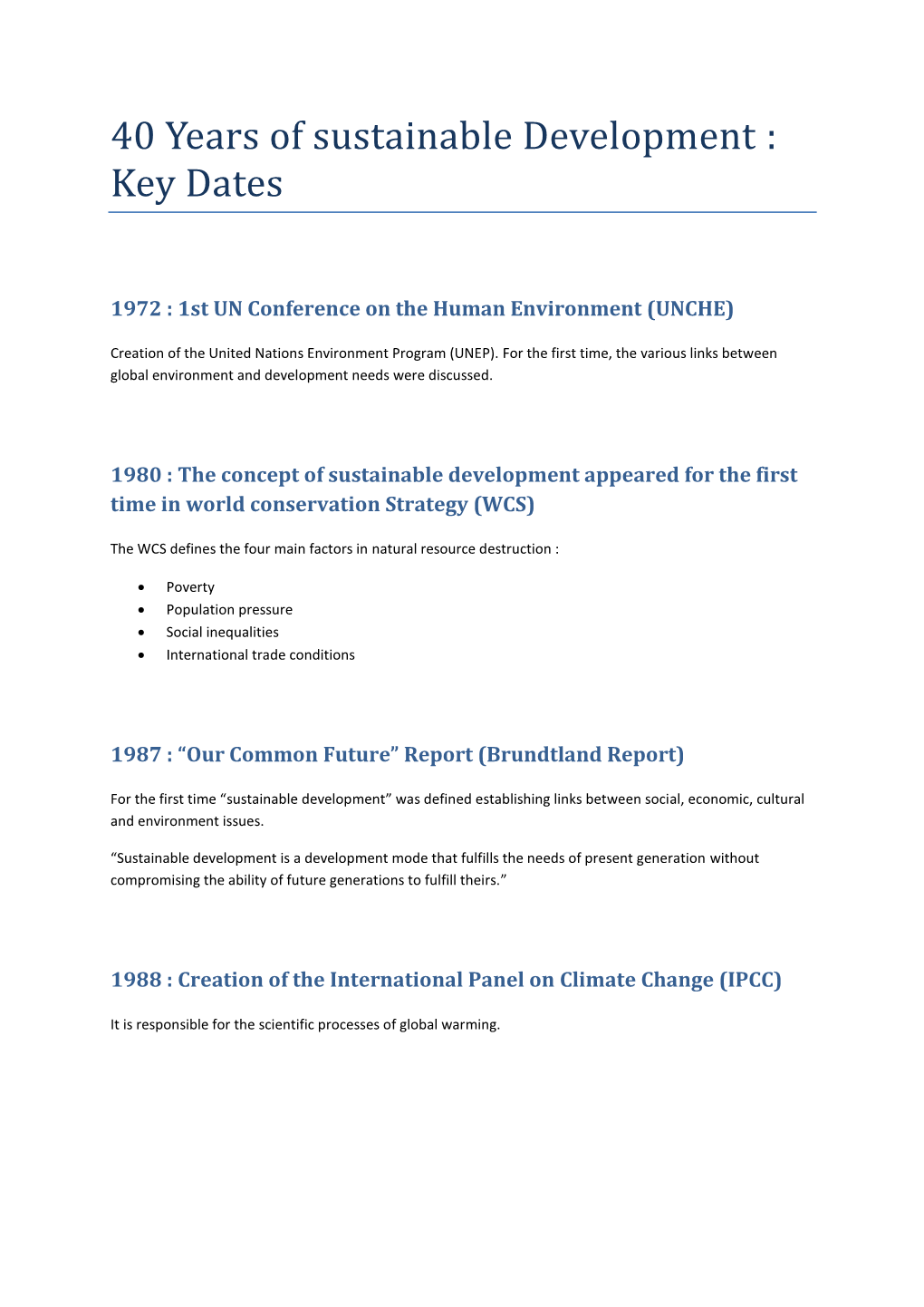 40 Years of Sustainable Development : Key Dates