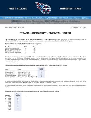 Titans-Lions Supplemental Notes