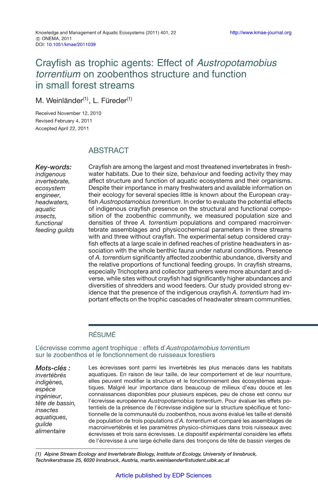 Crayfish As Trophic Agents: Effect of Austropotamobius Torrentium On