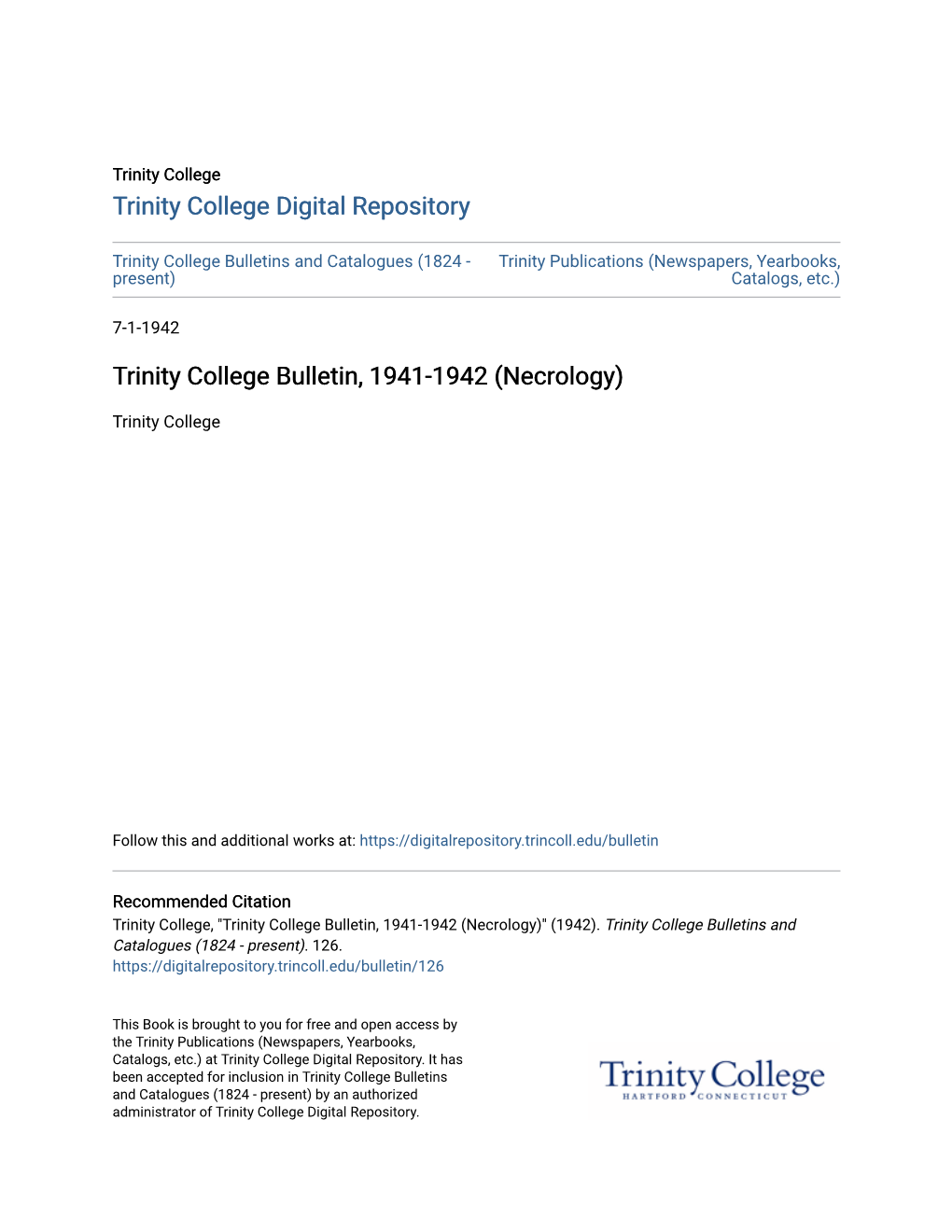 Trinity College Bulletin, 1941-1942 (Necrology)
