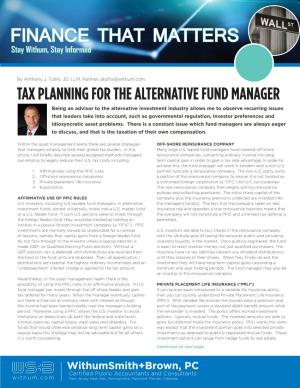 Tax Planning for the Alternative Fund Manager