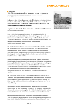 Die Siemensbahn - Einst Modern, Heute Vergessen Aus SIGNAL 08-09/1999 (Dezember 1999), Seite 20 (Artikel-Nr: 10001829) Berliner S-Bahn-Museum