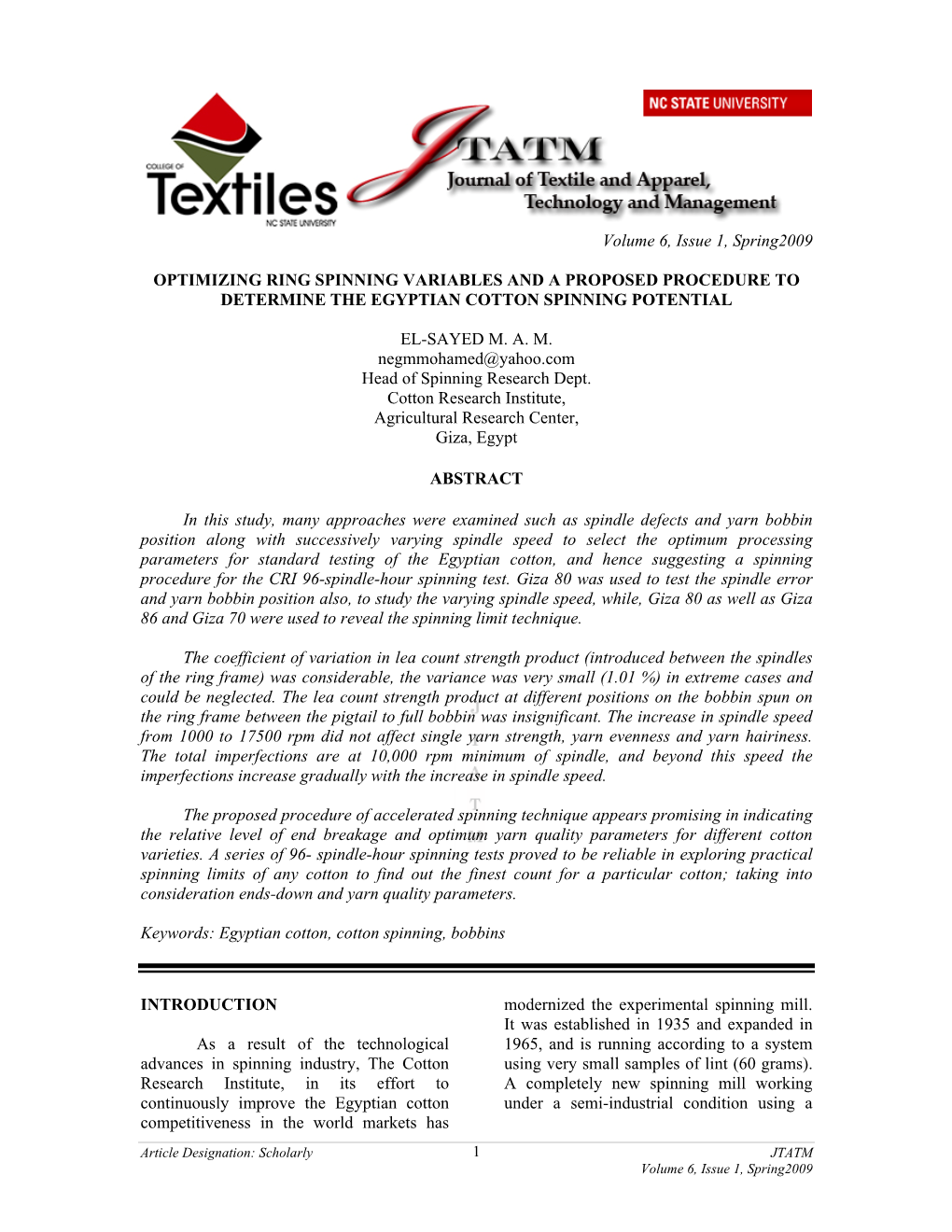 Optimizing Ring Spinning Variables and a Proposed Procedure to Determine the Egyptian Cotton Spinning Potential