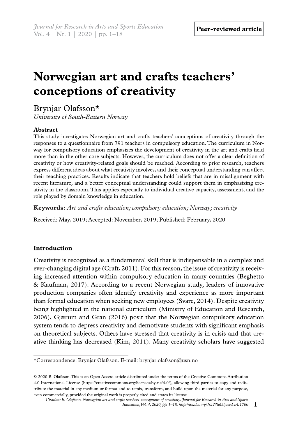 Norwegian Art and Crafts Teachers' Conceptions of Creativity