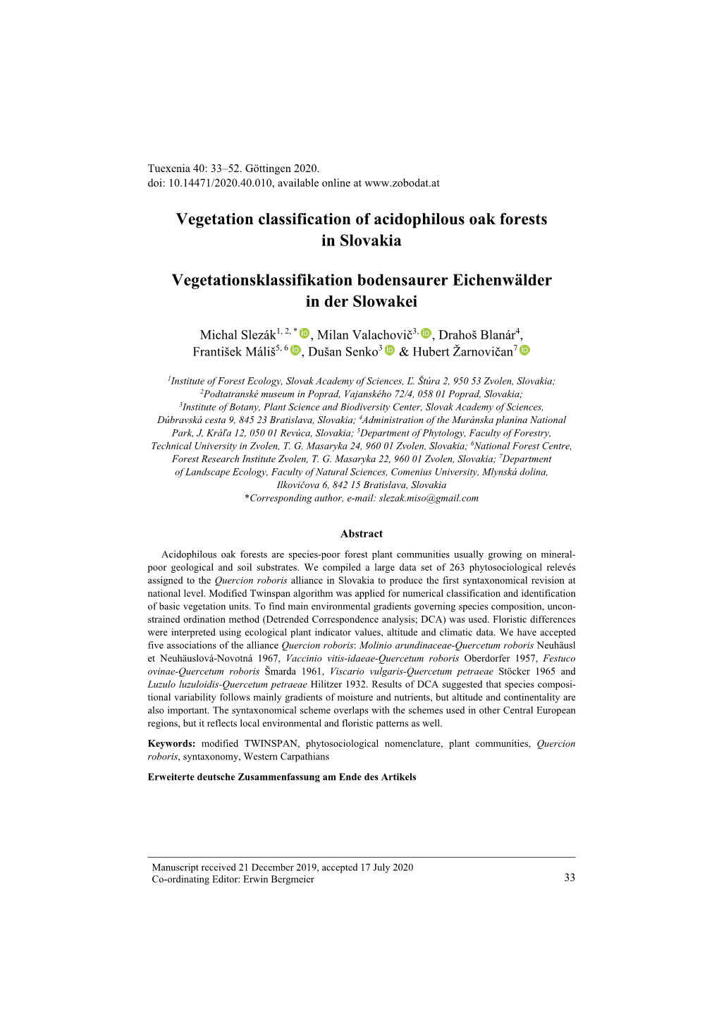 Vegetation Classification of Acidophilous Oak Forestsin Slovakia