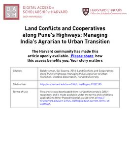 Land Conflicts and Cooperatives Along Pune's Highways: Managing India's Agrarian to Urban Transition